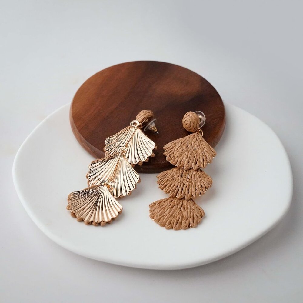 Brown Raffia Dangle Earrings With Shell Design, L… - image 4